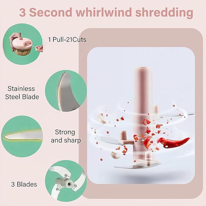 ‌Manual Food Processor Vegetable Chopper, Portable Hand Pull String Garlic Mincer Onion Cutter for Veggies, Suitable for Vegetables, Ginger, Garlic, Fruits, Onion, Potato, Salad (Pink 500 ml)‌