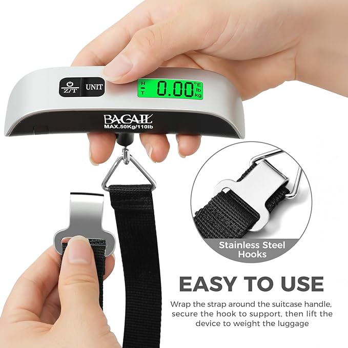 BAGAIL Digital Luggage Scale, 110lbs Hanging Baggage Scale with Backlit LCD Display, Portable Suitcase Weighing Scale, Travel Luggage Weight Scale with Hook, Strong Straps for Travelers