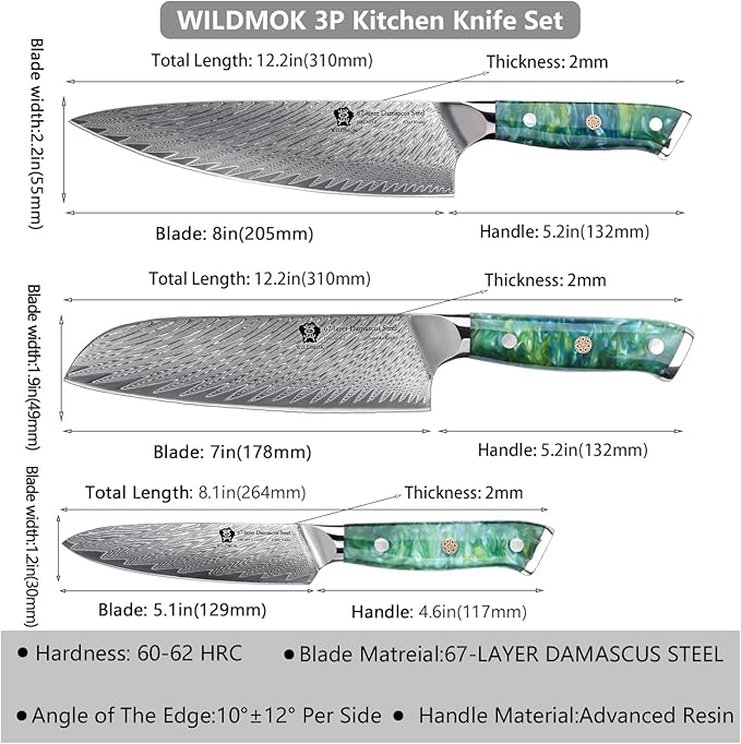WILDMOK Professional Kitchen Knife Sets 3 PCS,Damascus Steel Chef Knife Set, 3PCS Ultra Sharp Japanese Kitchen Knives, Ergonomic Resin Handle Elegant Gift Box for Home or Restaurant