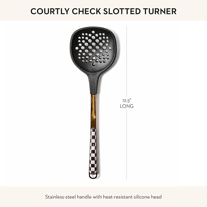 MACKENZIE-CHILDS Slotted Spoon, Silicone Turner for Cooking, Black-and-White Courtly Check