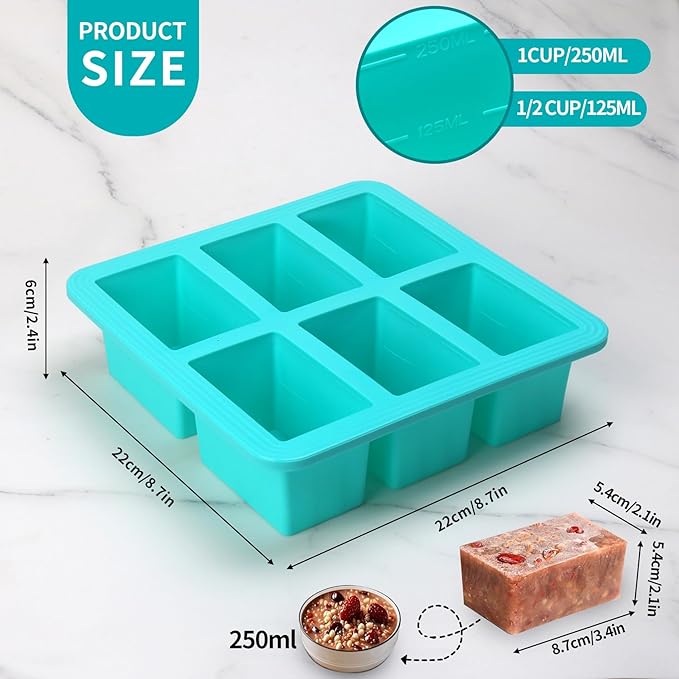 Silicone Freezer Tray With Lid - Soup Freezer Container molds - Large Ice Cube Tray- makes 12 perfect 1 cup portions cubes, 2-Pack Freezer Storage Food Soups & Meal Prep (Aqua 2 Pack)
