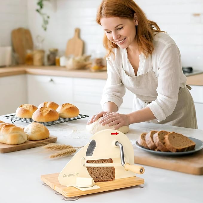 Anatole Foldable Manual Bread Slicer for Homemade Sourdough Bread with Engraved Scale Line Bread Guide Hand Crank Bread Cutter with Adjustable Thickness Stainless Steel Blade 6 Suction Cups