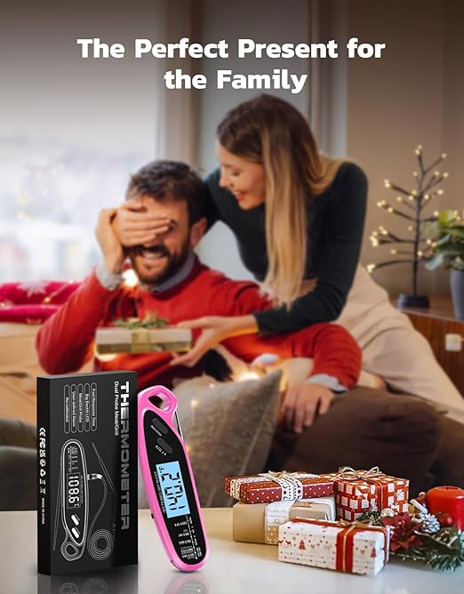 Instant Read Meat Thermometer Digital for Cooking & Grilling with Dual Probe, Big Backlit Screen & Auto-Calibration, Food Thermometer for Grill, Smoker, BBQ, Oven, Candy, Oil Fry - Pink