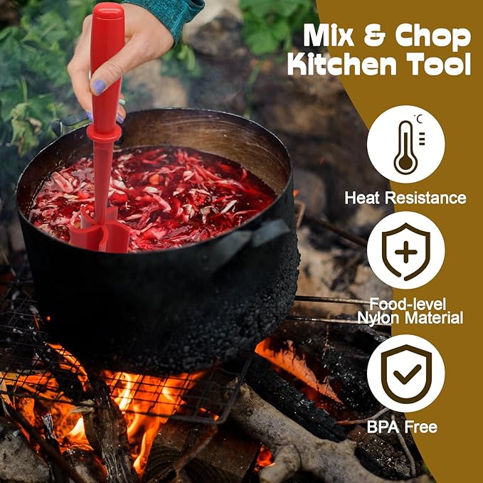 Meat Masher, 5 Curve Blade Hamburger Chopper, Heat Resistant Meat Masher for Ground Beef, Mix and Chop Kitchen Tool, Food Smasher Tool for Hamburger, Beef, Potato, Tomato, Avocado (Red)