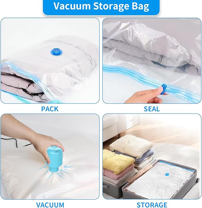 SZO 6 Pack Vacuum Storage Bags With Electric Air Pump,(3 Jumbo/3 Large) Vacuum Seal Bags For Clothing Travel, Space Saver Bags For Luggage, Blankets,Bedding,Moving