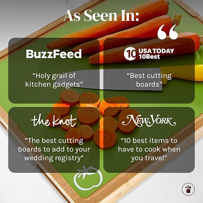 Personalized Easy-to-Clean Bamboo Wood Cutting Board with set of 6 Color-Coded Flexible Cutting Mats with Food Icons - Chopping Board Set