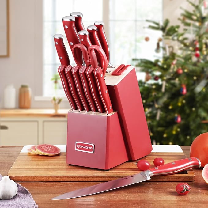 Red Knife Set, 15-Piece Knife Block Set with Built-in Sharpener Scissors for Kitchen, Dishwasher Safe Knives Set Elegant Present for Family & Restaurant