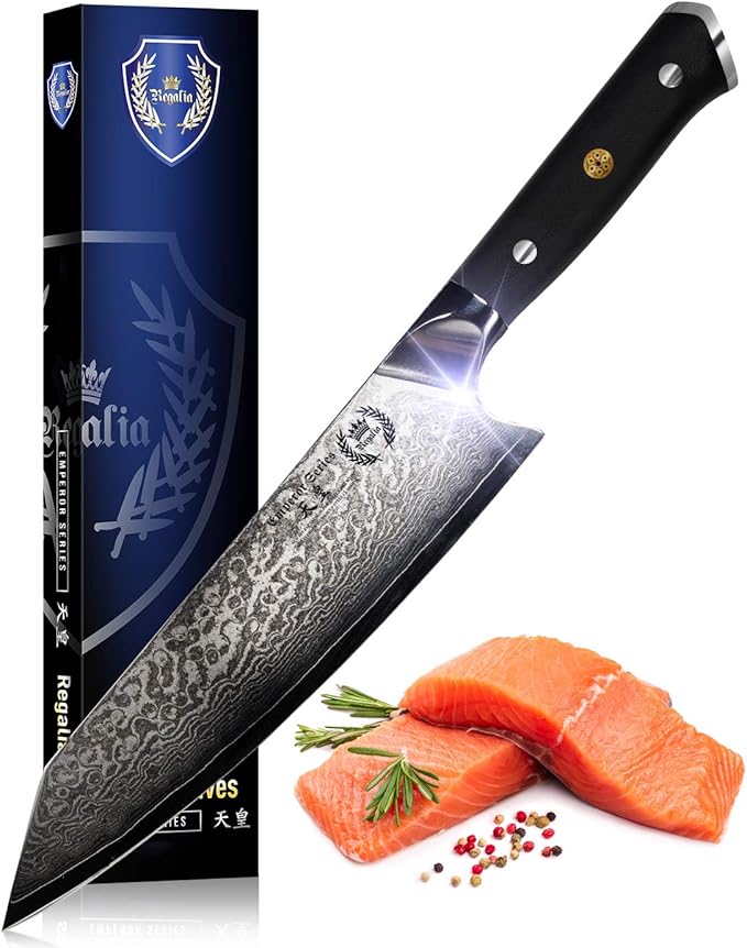 Regalia Kiritsuke Chef Knife: Professional Japanese 8.5 Inch AUS10 Premium High Carbon 67 Layer Damascus Steel Chef’s knives w/G-10 Handle Knives