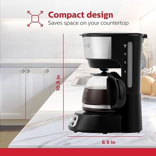 Holstein Housewares 5-Cup Programmable Coffee Maker, 25oz Drip Coffee Machine with Auto Brew Timer, Pause & Serve, Compact Design – Perfect for Home, Office & Dorm Use, Black