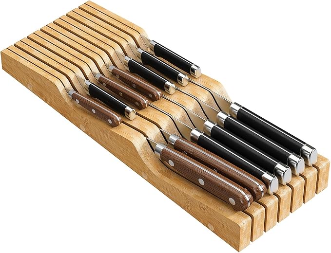 Bamboo In-Drawer Knife Block for 13 Knives(Not Included), Knife Drawer Organizer,Knife Holder Countertop,Block Knife Storage Organizer for Kitchen