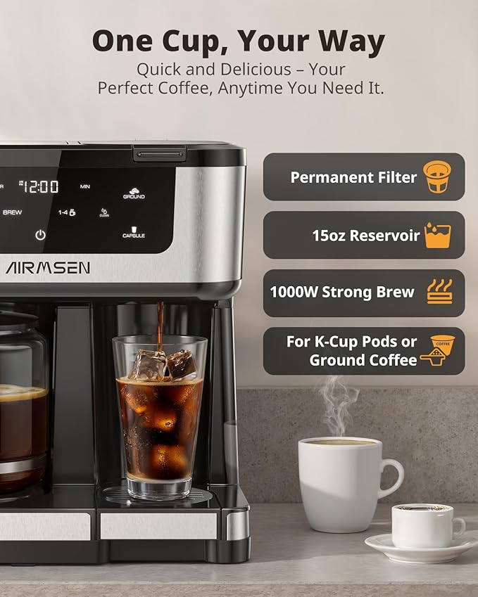 AIRMSEN 12-Cup Programmable Coffee Maker – Single Serve Machine for K-Cup Pods & Ground, 1000W Fast Brew, Delay Start, 2H Keep Warm, Touchscreen, 60oz Tank, Glass Carafe – Home & Office