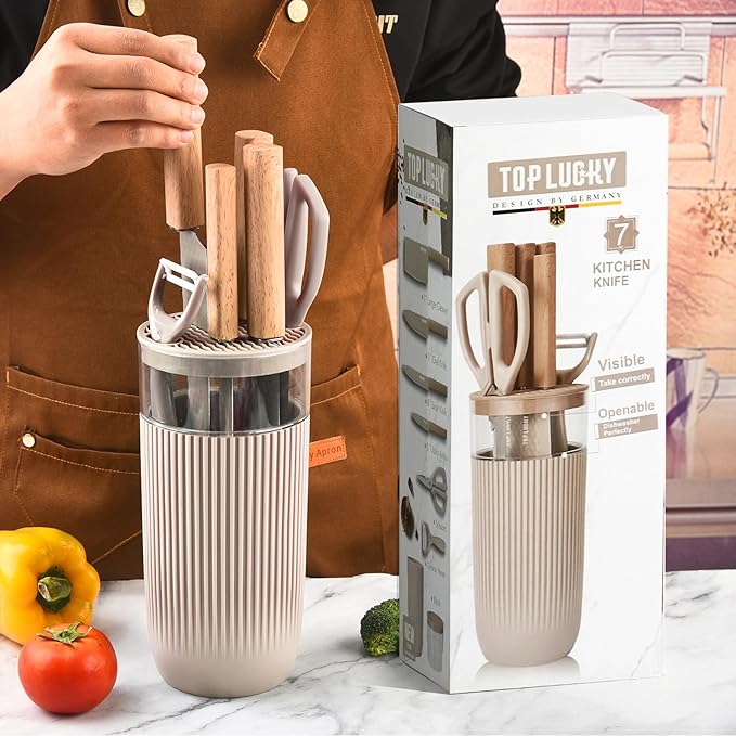 Knife Set, 7-Piece Kitchen Knife Set with Sharp Chef and Meat Knives, Anti-Rust Utility Knives Set for Kitchen, Kitchen Knife Block Set – Khaki