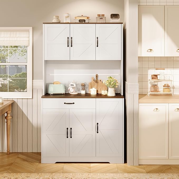 71" Kitchen Pantry Cabinet with Charging Station, Buffet Sideboard for Coffee Maker & Toaster, Storage Cabinet for Snacks, Spices & Wine, Fits Kitchen, Dining Room & Coffee Bar，White