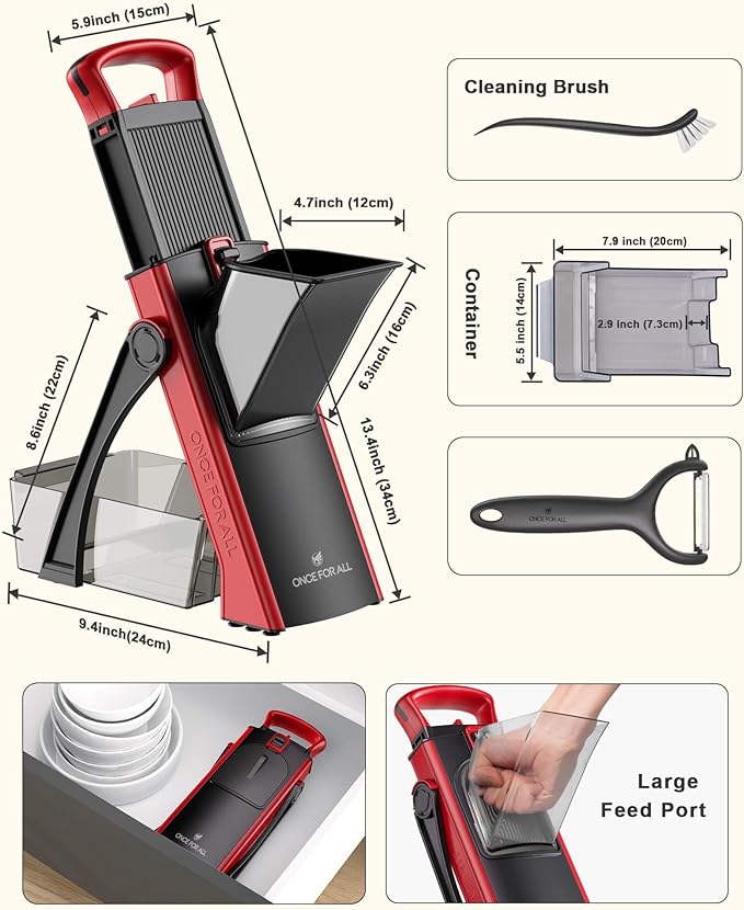 ONCE FOR ALL Safe Mandoline Slicer For Kitchen, Biger Size, Adjustable Vegetable Chopper Food Slicer Potato French Fry Cutter with Peeler, Detachable, Kitchen Chopping Artifact (Red)