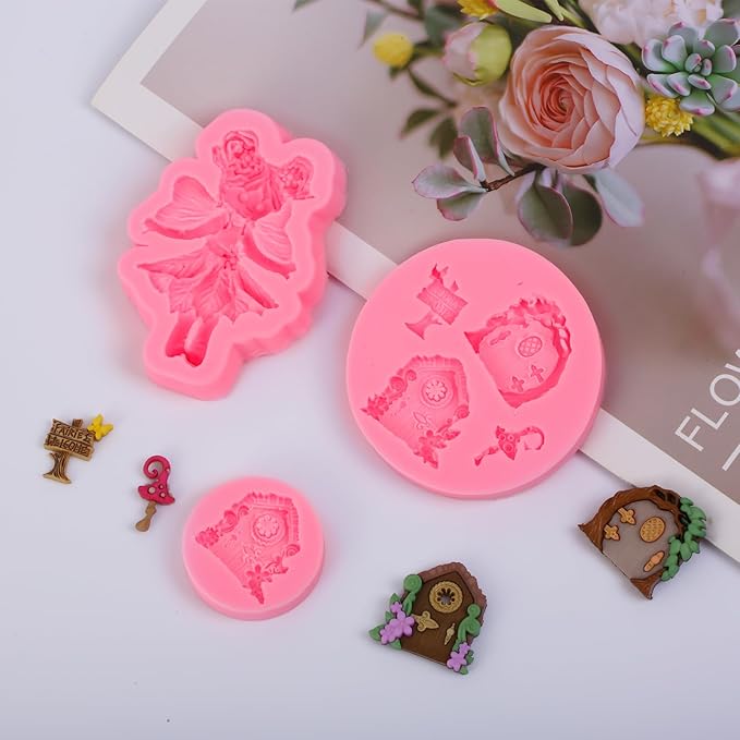 Fairy Tale Wooden Door Fondant Molds Flower Fairy Silicone Mold,for Fairy Tale Theme Party Cake Decoration Chocolate Candy Cookies Marzipan Gum Muffins DIY Resin Polymer Clay Crafts Set of 3