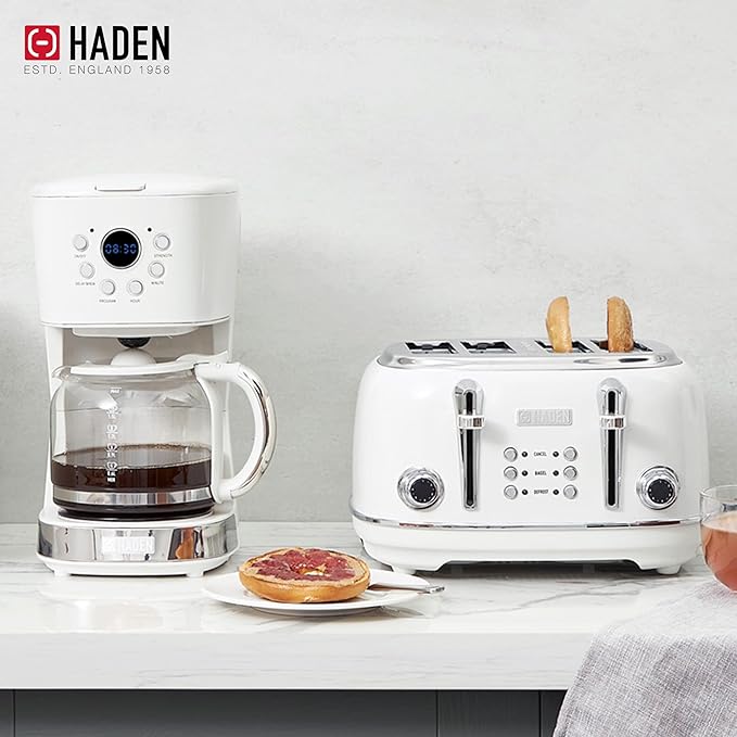 Haden Heritage 4 Slice Wide Slot Stainless Steel Toaster Bundled with 12 Cup Programmable Drip Coffee Maker Coffee Machine, Ivory & Chrome