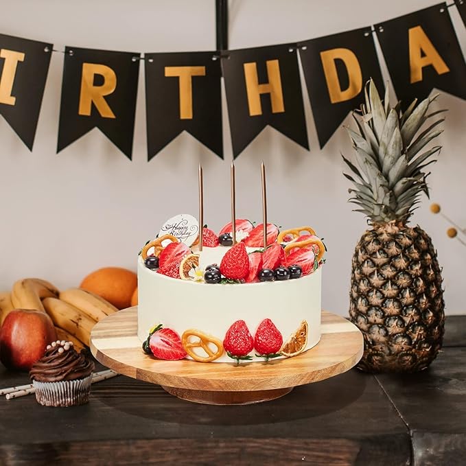 12" Acacia Wood Revolving Cake Stand,2" High Rotating Cake Turntable with 2 Plastic Icing Spatulas, 3 Plastic Smoothers, Wooden Rotating Display Stand for Cake, Cupcake Decorating Supplies