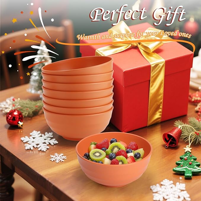 Homienly Large Bowl Set of 8, 60 oz Orange Wheat Straw Bowls, Unbreakable & Microwave Safe, Big Soup and Salad Bowls for Wedding, Party, Camping, Family Dining