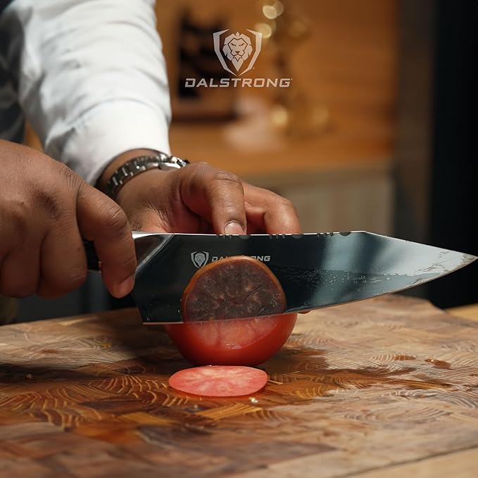 DALSTRONG Chef Knife - 8 inch - Valhalla Series - Ravenstone Black Blade Titanium Coated - Premium 9CR18MOV HC Steel - Resin & Wood Handle - Razor Sharp - Kitchen Cooking Chef's Knife - Leather Sheath
