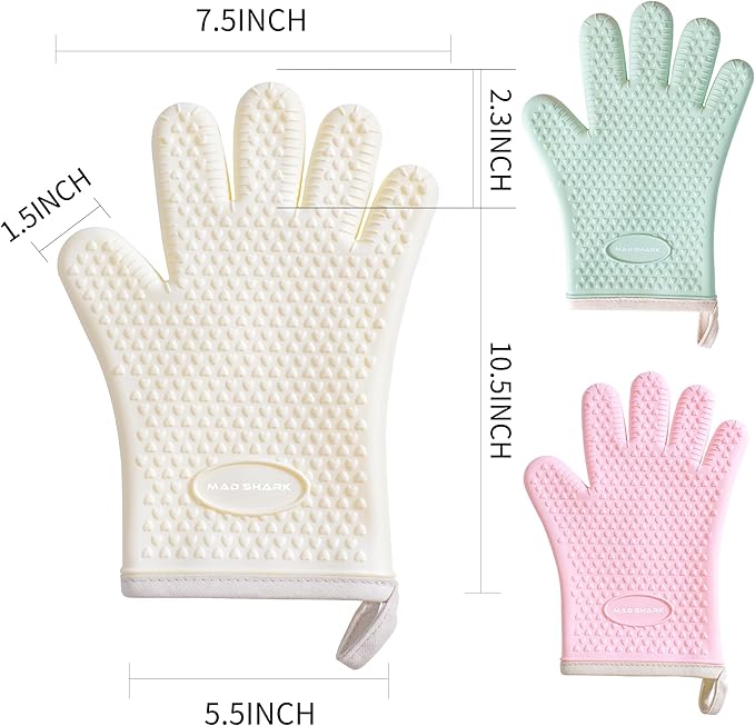 MAD SHARK Silicone Oven Mitts Heat Resistant 450 Degrees,Waterproof & Non-Slip Oven Gloves with Fingers,Cotton Lined Silicone Oven Gloves Kitchen Mitts for Baking Cooking Barbecue,Women,Oven (White)
