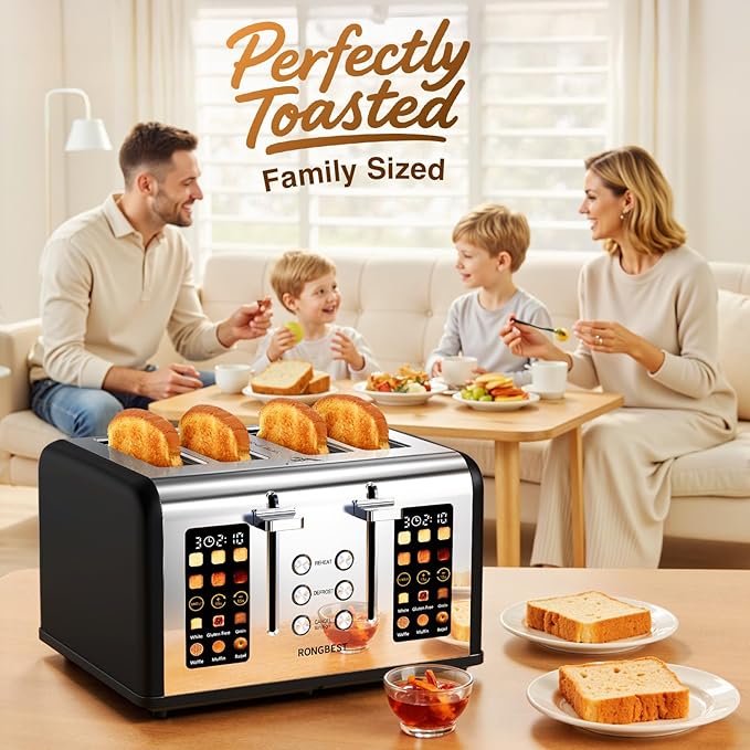 4 Slice Touch Screen Toaster, Stainless Steel Toaster with Wide Slots for Bagels and Bread, Reheat/Defrost/Cancel Functions, Removable Crumb Tray, Matt Black