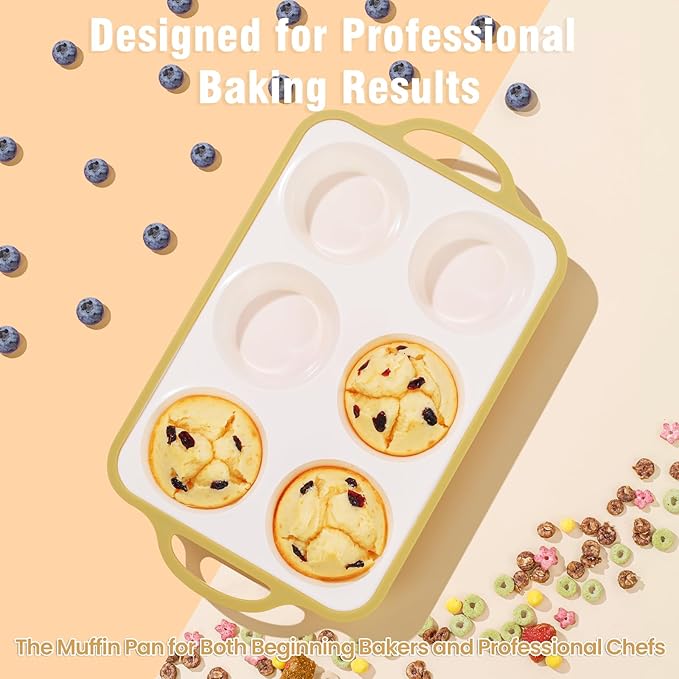 Silicone Jumbo Muffin Pan with Metal Frame, Non Stick Food Grade Silicone Large Muffin Pan, with Handles 6 Cup,BPA-Free and Dishwasher Safe, Jumbo Cupcake Pans - 2 Piece Light Yellow