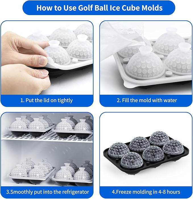 6 Chamber 2.2" 3D Golf Gifts Ice Cube Tray With Funnel,Large Round Ice Ball Maker Mold Silicone Fun Shapes Bourbon Sphere Ice Molds,For Chilling Whiskey,Cocktails,Bourbon,Brandy and Beverages