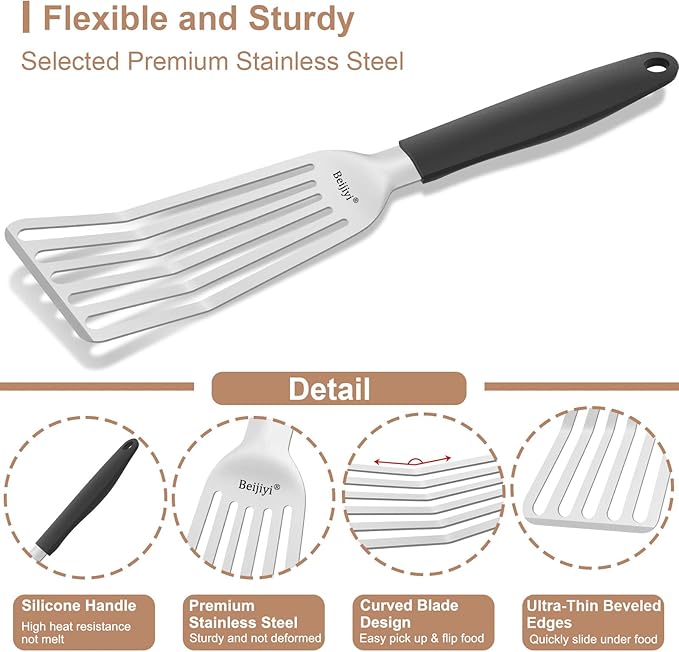 Beijiyi Stainless Steel Fish Spatula Set of 2, 13.5" & 11.7" Slotted Turner with Silicone Handle, Thin Edge, Metal Spatulas for Kitchen Use, Cooking Utensils for Flipping Fish, Burger and Grilling