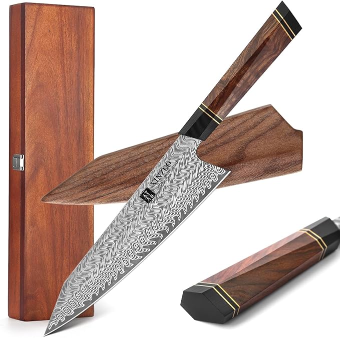 XINZUO 8.5 Inch Japanese Kiritskue Chef Knife, Professional Chef Knife,Damascus Kitchen Knife for Chefs and Home Cooking, Desert Ironwood Handle, Walnut Magnetic Wooden Sheath, Acacia Wood Box Package