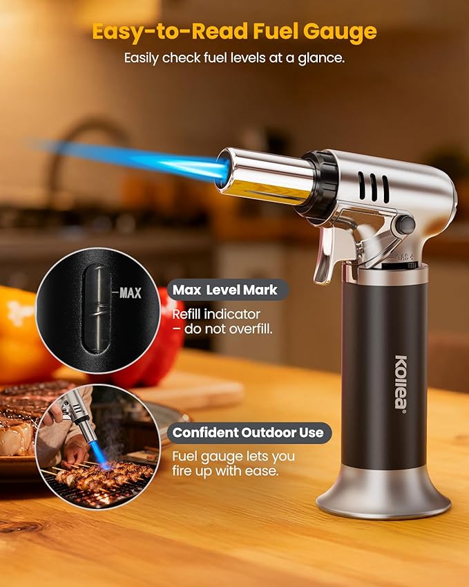 Kollea Butane Torch Lighter, Mini Kitchen Cooking Torch Lighter with Fuel Gauge & Continuous Flame Lock & Nozzle, Culinary Blow Creme Brulee Torch for Baking Food Desserts (Butane Gas Not Included)