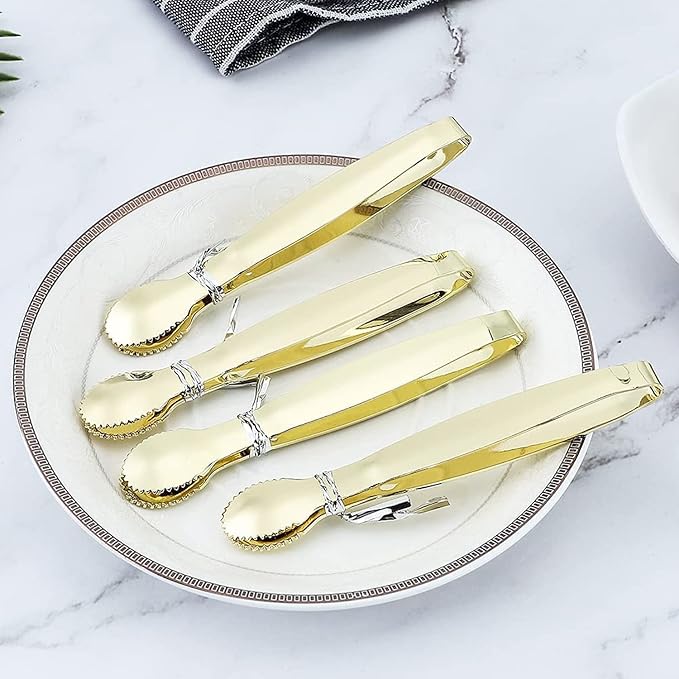 MSY BIGSUNNY 4 Inch Sugar Cube Tongs, Stainless Steel Mini Appetizer Tongs, Small Serving Tongs Tiny Food Clips for Tea Party, Coffee, Bar, Desserts - Set of 4 (Gold)