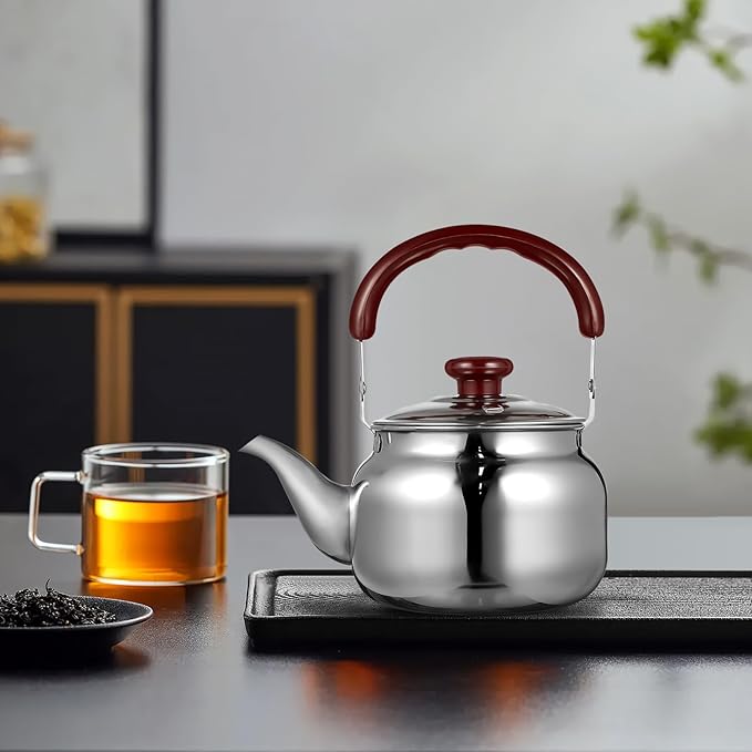 LIFKOME Traditional Stainless Steel Heavy Duty Tea Kettle With Sandwich Bottom and Specialty Cool Touch Handling Mirror Finish Stainless Steel Whistling Tea Kettle Stove Top