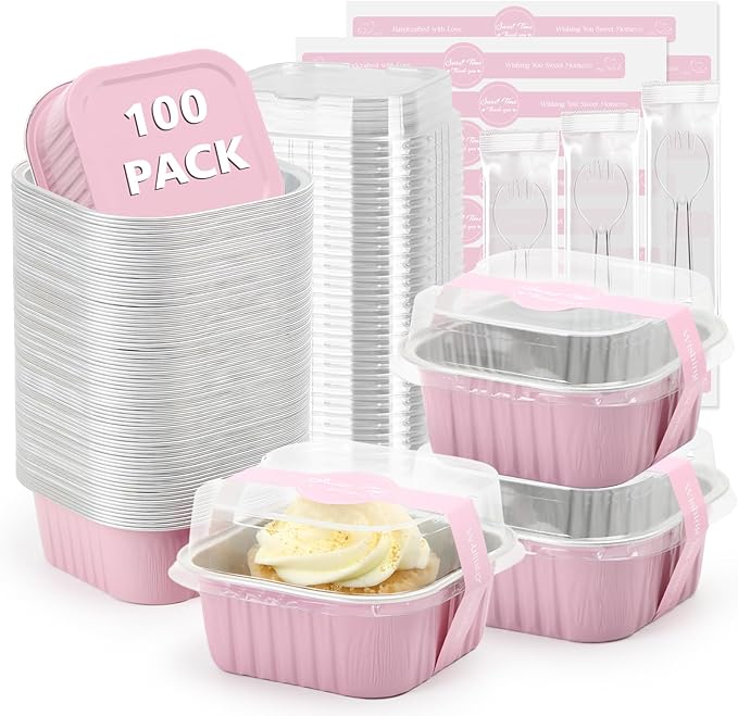 Ruckae 5oz 100 Pcs Square Mini Loaf Pans with Lids-Disposable Foil Dessert Containers,Mini Cake Pans with Lids,Aluminum Dessert Cups for Parties and Weddings (Pink, 5oz)