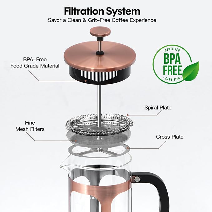 Panana French Press Coffee Maker 34oz Coffee Press, Cold Brew Coffee Tea Pot for Travel, Heat Resistant Thickness Borosilicate Glass French Press (230C-Copper)