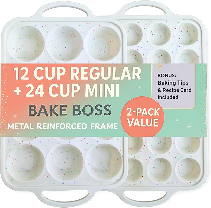 2-Pack Silicone Muffin Pan Set – Regular 12-Cup & Mini 24-Cup Nonstick Cupcake Pans – Metal-Reinforced Handles, BPA-Free, Non-Toxic, Dishwasher Safe, Cream Color Bakeware