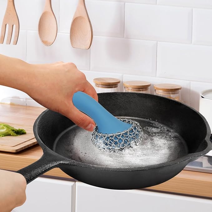 Cast Iron Scrubber with Long Handle | 316 Cast Iron Cleaner Chainmail Scrubber for Pan Skillet Cleaner - Dish Scouring Pad Dishwasher Safe Cleaning Kit (Blue, 1 Scrubber + 1 Scraper)
