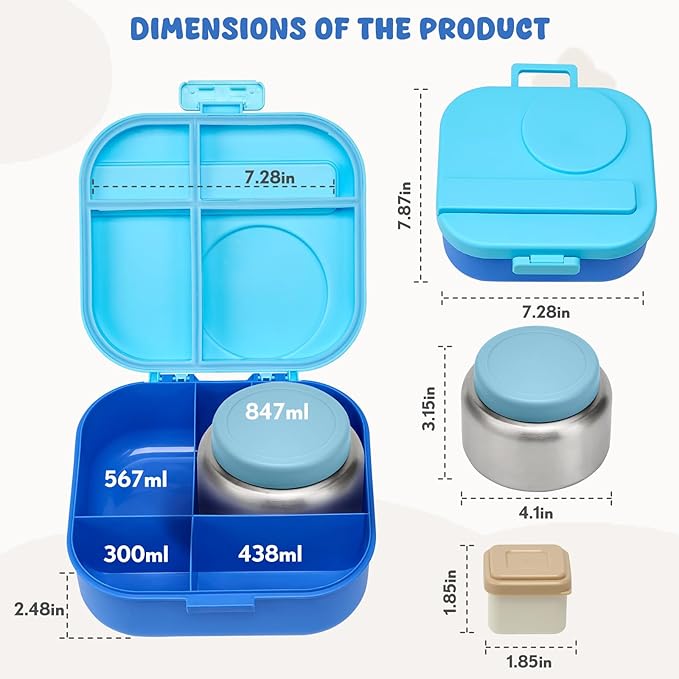 Bento Lunch Box for Kids with 12oz Soup Thermo,4 Compartments Lunch Box Containers Kids, Spoon&Sauce Jar, BPA Free&Leak proof,Insulated Food Jar for Travel((Blue)