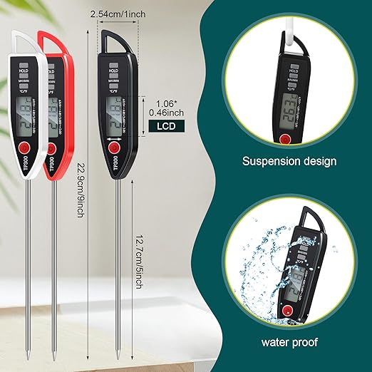 3 Pcs Instant Read Meat Thermometer with Long Probe 9.65 Inch Kitchen Cooking Food Candy Waterproof Digital Thermometer for BBQ Water Milk Yogurt Liquid (Pointed,Black,White,Red)