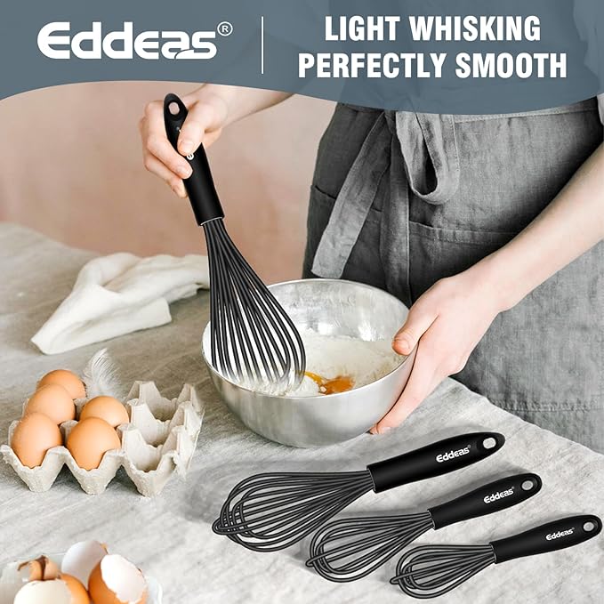 Silicone Whisk - Non Scratch Whisks for Cooking, 500°F Heat Resistant Siliocne Wisk tool, Heavy Duty Kitchen Whisks, for Blending, Beating, set of 4 (5+7+9+11 inch) Black