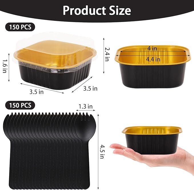 FORBFAN 150 Pack 10 oz Mini Square Cake Pans with Lids, Aluminium Foil Square Brownie Baking Cups, Disposable Ramekins Oven Safe