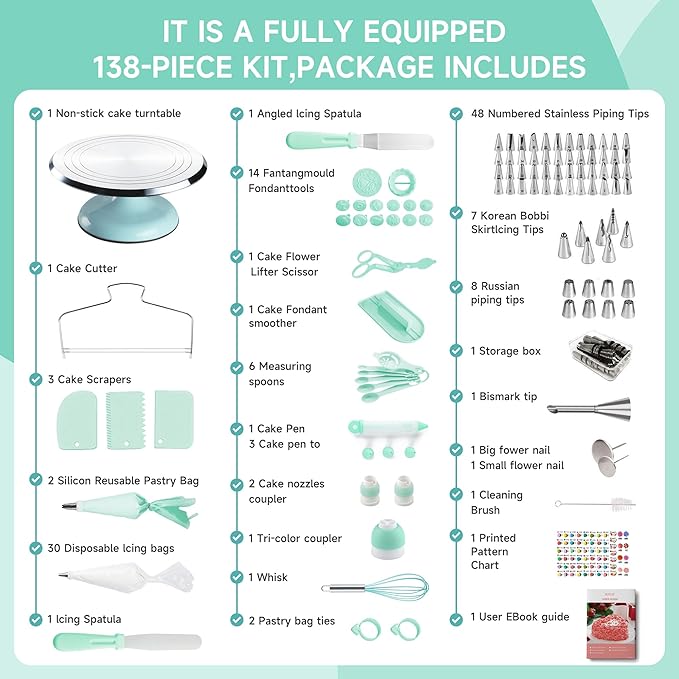Cake Decorating Kit, 138pcs Cake Decorating Supply with 12 Inch Aluminium Cake Turntable, 64 Numbered Icing Piping Tips, 2 Spatulas, 3 Icing Comb Scraper and Leveller, Piping Bags,cake decorating tool