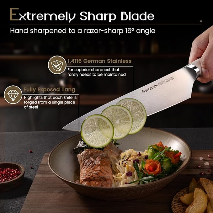 Knife Set, Astercook Kitchen Knife Set with Block, 15 Pcs Luxurious High Carbon German Stainless Steel Knives Set with Full Tang Ergonomic Handle, Dishwasher Safe Knife Block Set with Sharpening Rod