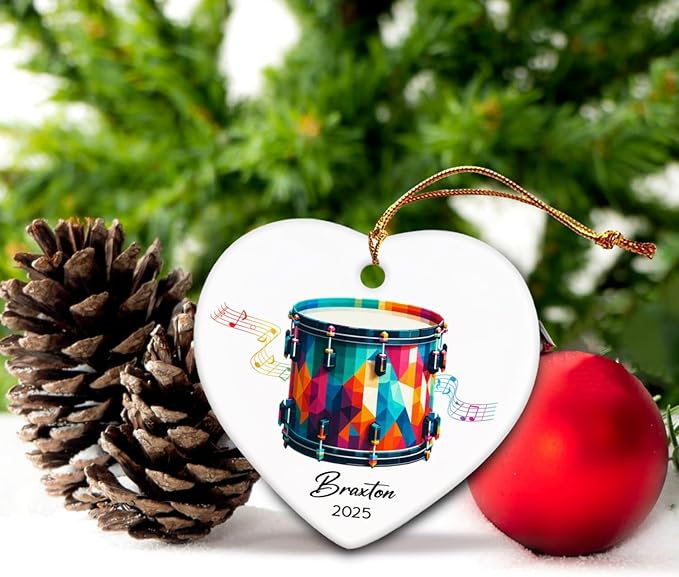 Personalized Drum Xmas Ceramic Ornaments Gifts for Band Music, Drummer Ornament Keepsake 2025, Customized Name & Year Drum Instrument Lovers Ceramic Ornaments, Drumming Player Christmas Ornament Tree