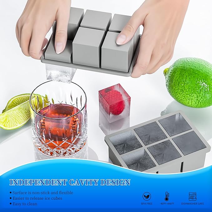 Large Ice Cube Tray for Whiskey 3 Pack, HANCELANT Big Silicone Square Ice Cube Mold with Removable Lid, 2'' Huge Square Ice Cubed Tray for Whisky and Cocktail(Grey)