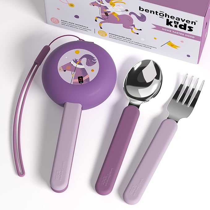 Bentoheaven Kids Travel Utensils with Case, Food-Grade Stainless Steel & BPA-Free Plastic, Travel Cutlery Set, Dishwasher Safe Fork, Spoon & Case, Reusable Flatware, Silverware for Kids (Horse)