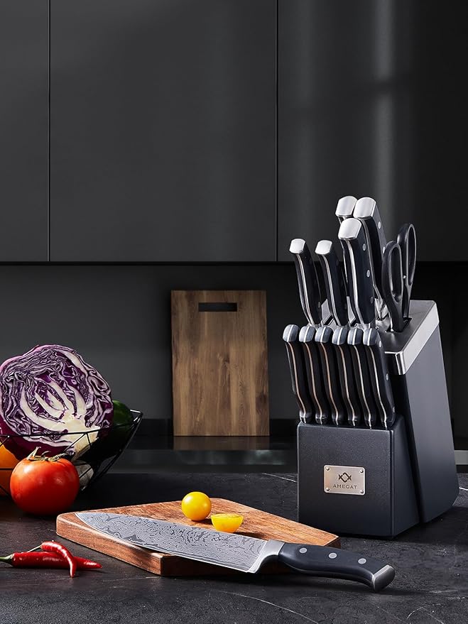 Knife Set, AMEGAT Knife Block Set with Advanced Self-Sharpening Technology, 14-Piece Waved Texture Kitchen Knives, Stainless Steel Knife Set with Block, Razor-Sharp and Full Tang Handle