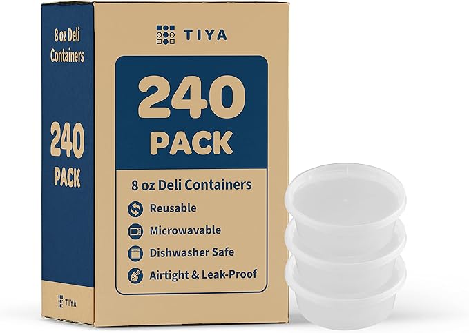 TIYA Food Containers - 8oz Bulk 240 Pack with Lids - Food Storage to-Go Containers - Reusable Microwavable Dishwasher Safe Cups - Airtight Leak Proof for Soups & Meal Prep