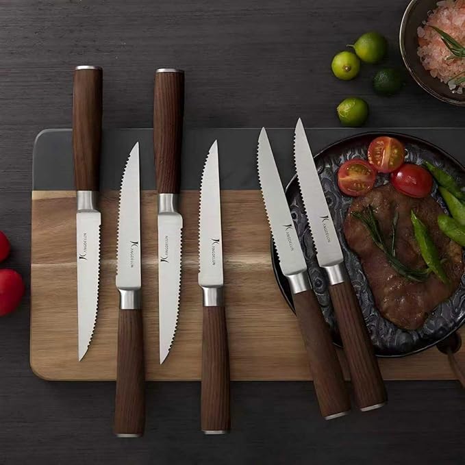 Natura Series 4.5” Serrated Steak Knife Set of 6, High Carbon Stainless Steel, Wooden Handle