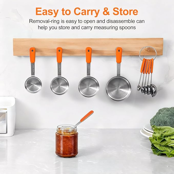 Measuring Cups and Spoons Set, Stainless Steel 10 Piece for Cooking and Baking (5 Cups + 5 Spoons, Orange Handle)