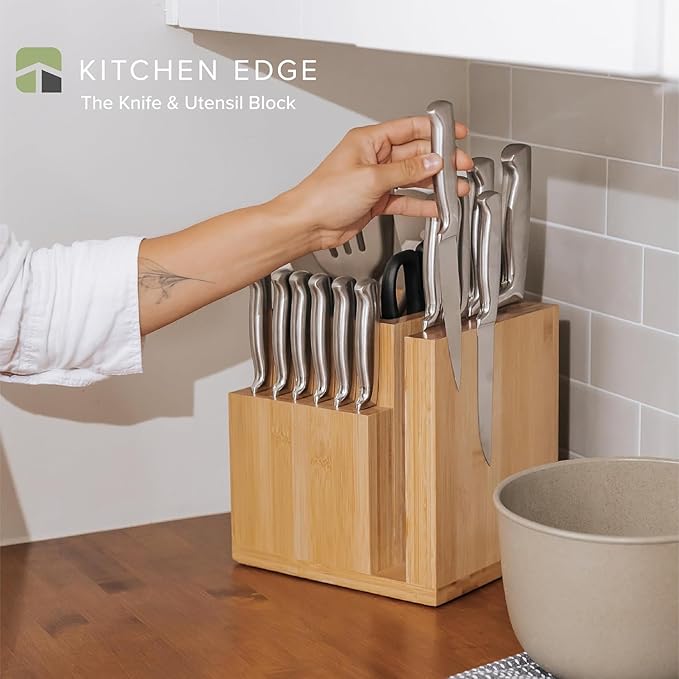 KitchenEdge Bamboo Magnetic Knife Block and Cooking Utensil Holder, Sleek Storage for Chefs Knives, Steak Knives, Spatulas, Scissors, Non-Slip Rubber Feet, Easy to Clean, Kitchen Countertop Organizer